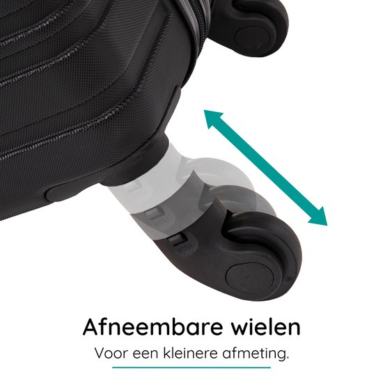 Close-up van afneembare wielen van een zwarte koffer met pijlen die de beweging aanduiden en de tekst 'Afneembare wielen Voor een kleinere afmeting'.
