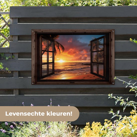 Poster de jardin Coucher de soleil - Vue - Plage - Palmiers - Mer - Fenêtre marron foncé - 120x80 cm - Toile de jardin - Poster extérieur