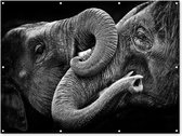 Muurdecoratie buiten Knuffelende olifanten in zwart-wit - 160x120 cm - Tuindoek - Buitenposter