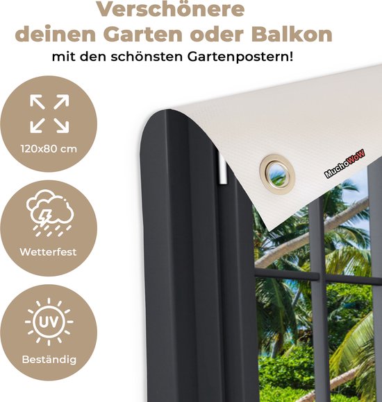 Tuinposters - Tuindecoratie - Doorkijk - Strand - Tropisch - Zomer - 120x80 cm - Tuin decoratie - Schutting decoratie - Tuinposter - Schuttingdoek - Buitenposter - Tuinversiering - Balkon decoratie - Tuinschilderij