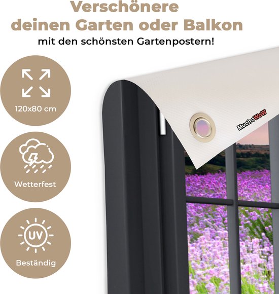 Tuinposter 120x80 cm - Tuindecoratie Doorkijk - Bloemen - Landschap - Raam - Poster voor in de tuin - Buiten decoratie - Schutting tuinschilderij - Tuindoek muurdecoratie - Wanddecoratie balkondoek