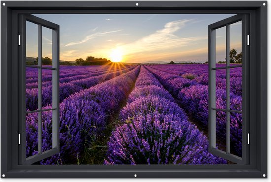 Tuinposter Doorkijk - Lavendel - Zonsondergang - Landschap - 180x120 cm - Tuindoek - Buitenposter