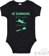 100% katoenen Romper "He slimmerik, dat is geen vliegtuig maar een lepel" Unisex Katoen Zwart/mint Maat 56/62