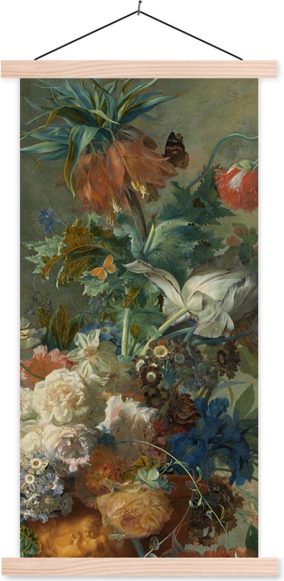 Posterhanger incl. Poster - Schoolplaat - Stilleven met bloemen - Schilderij van Jan van Huysum - 60x120 cm - Blanke latten