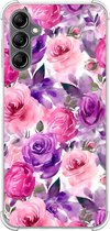 Casimoda® hoesje - Geschikt voor Samsung Galaxy A14 5G - Rosy Blooms - Shockproof case - Extra sterk - TPU/polycarbonaat - Paars, Transparant