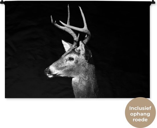 Tapisserie Gros plan Animaux en Zwart- Wit - Cerf de Virginie sur fond noir en noir et blanc Tapisserie en coton 150x100 cm - Tapisserie avec photo