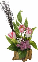 Arrangement van tulpen en accessoires in een pot in houtlook, kunsttulp kreupelhoutdecoratie, kunstbloemen, decoratie, lentedecoratie, tafeldecoratie, lentebloemisterij,