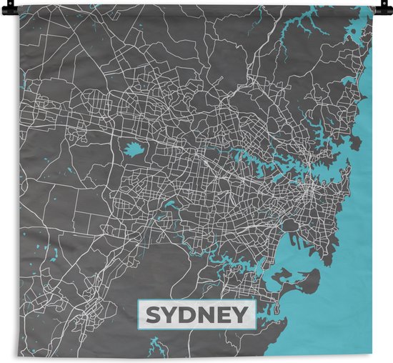 Wandkleed - Wanddoek - Sydney - Blauw - Kaart - Plattegrond - Stadskaart - 180x180 cm - Wandtapijt