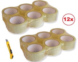 Verpakkingstape - PP Acryl - Transparant - 1 pakket met 12 rollen van 100m + Gratis mes