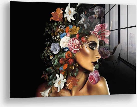 Wallfield™ - Flower Woman - Glass | Glasschilderij | Gehard glas | 80 x 120 cm | Magnetisch Ophangsysteem