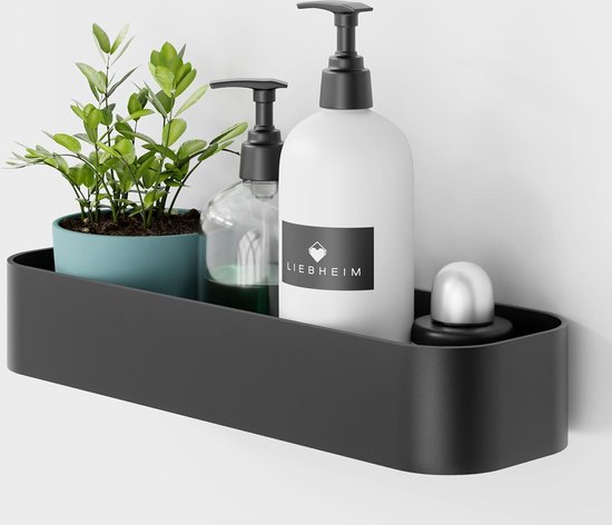 Withosent Doucheplank zonder boren, 2 stuks doucheplank zwart aluminium, douchemand zelfklevend met 4 haken, badkamerrek voor aan de muur, roestvrij badrek voor badkamer of keuken, 31,5 cm