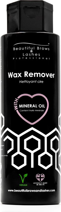 Zwarte fles wax remover met "Beautiful Brows & Lashes" logo, "Wax Remover" tekst en een hartvormige "With Mineral Oil" illustratie.