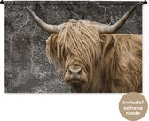 Wandkleed - Wanddoek - Schotse hooglander - Wereldkaart - Dieren - 120x80 cm - Wandtapijt