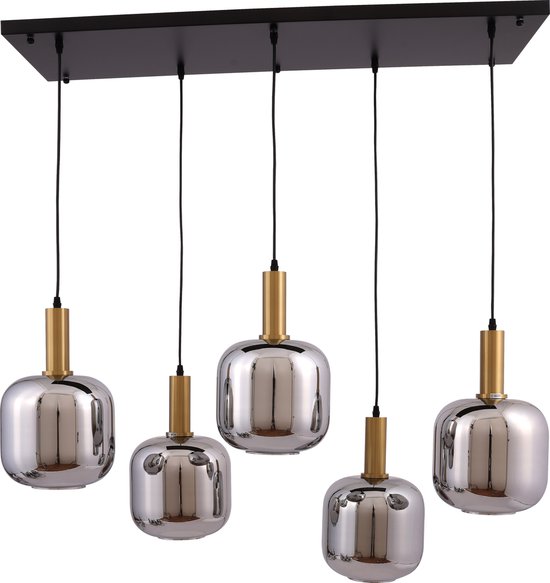 MBC-Light - hanglamp smoke bulbs - spiegel glas - brons element - 5 lichts - zwart ophangplaat 100 x 30cm
