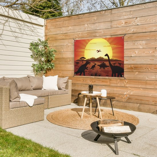 Posters de jardin extérieur Dino - Soleil - Nature - Dessin - Enfants - Garçons - 90x60 cm - Toile jardin - Affiche extérieure