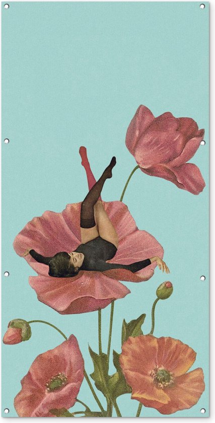 Tuinposter - Vrouw - Bloemen - Vintage - Poster voor buiten - Wanddecoratie - Schuttingdoek - Tuinschilderij - 80x160 cm - Tuindoek - Buitenposter