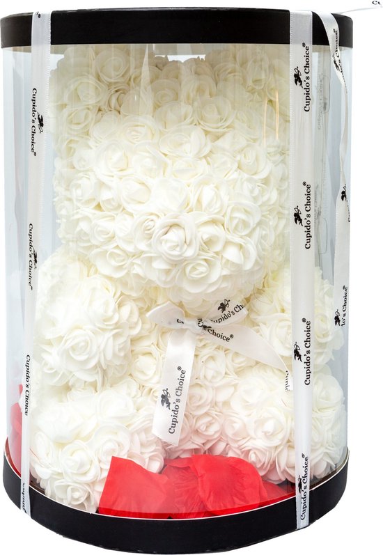 Cupido’s Choice ® Rozen beer 40cm in ronde doos met rozenblaadjes – Rozen teddybeer – Rose Bear - Valentijn – Rozenbeer - Wit