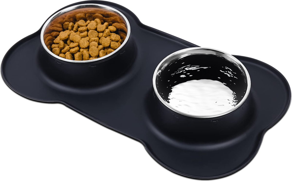 JAXY Voerbak Kat - Voerbak Hond - Voerbakken - Drinkbak - Voerbakjes Kat - Kattenvoerbakjes - RVS - Voedselveilig Siliconen - Zwart - Maat M