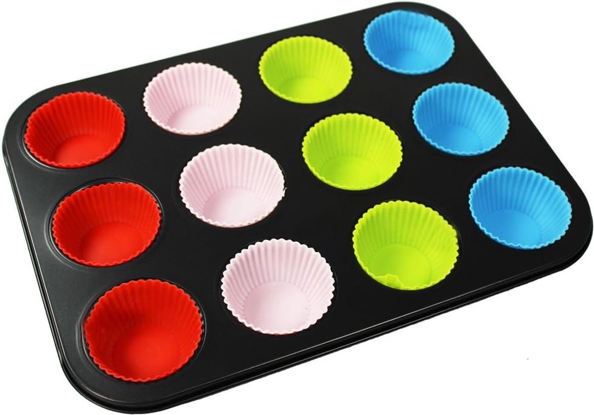 Muffinbakvorm met 12 kleurrijke siliconen mallen van koolstofstaal met antiaanbaklaag 35 CM x diepte 26,5 CM