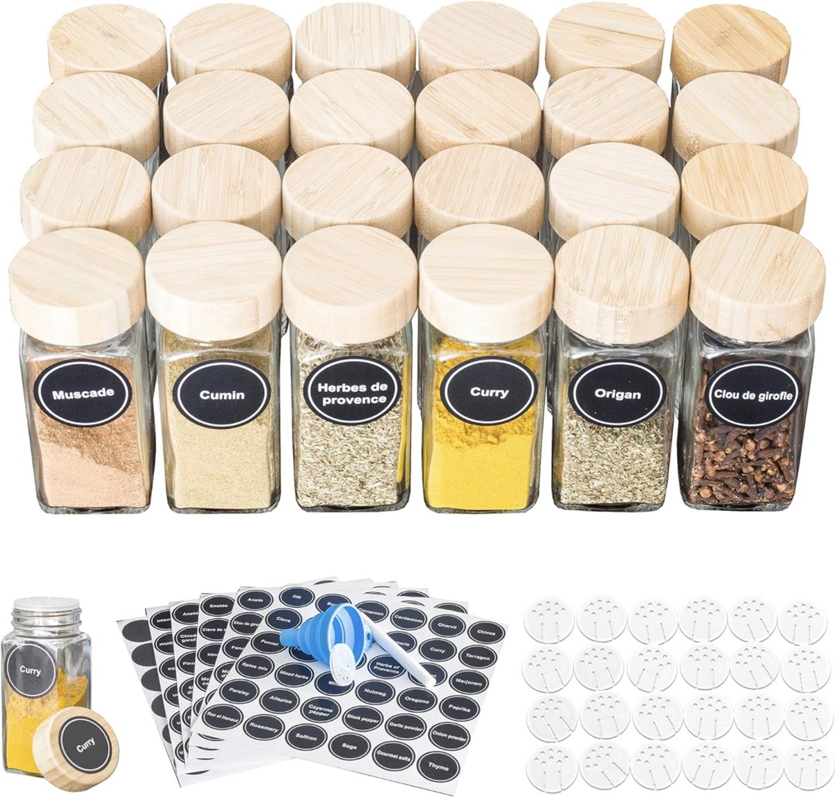 24 kruidenpotjes van glas en hout met meertalige etiketten voor bewaren van kruiden in de keuken bokalen voor kruiden in glas met deksel van bamboe