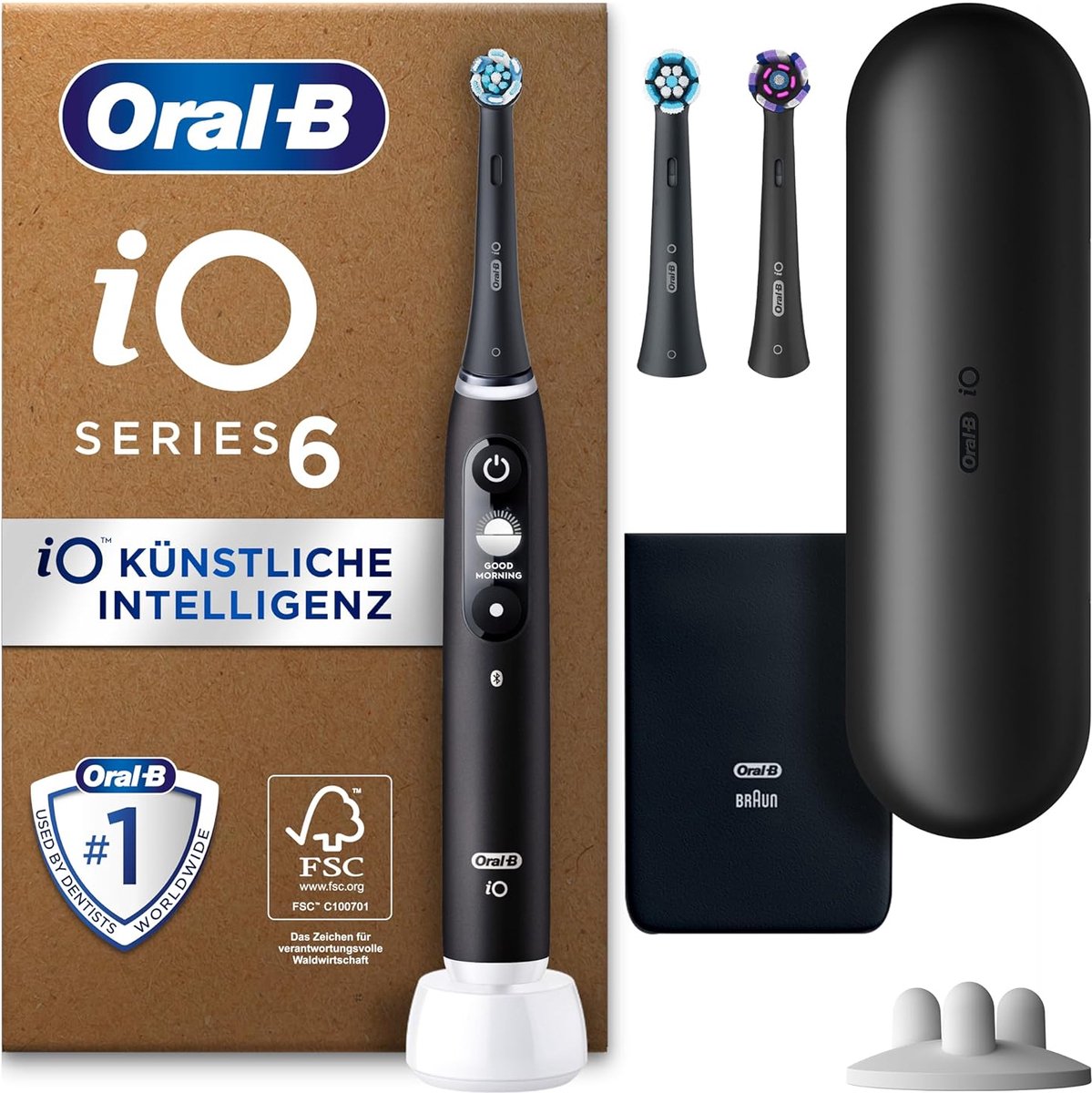 Oral-B iO Series 6 Plus Edition Elektrische tandenborstel/elektrische tandenborstel, PLUS 3 opzetborstels, magneetetui, 5 poetsmodi, recyclebare verpakking, Valentijnsdagcadeau voor hem/haar, zwart