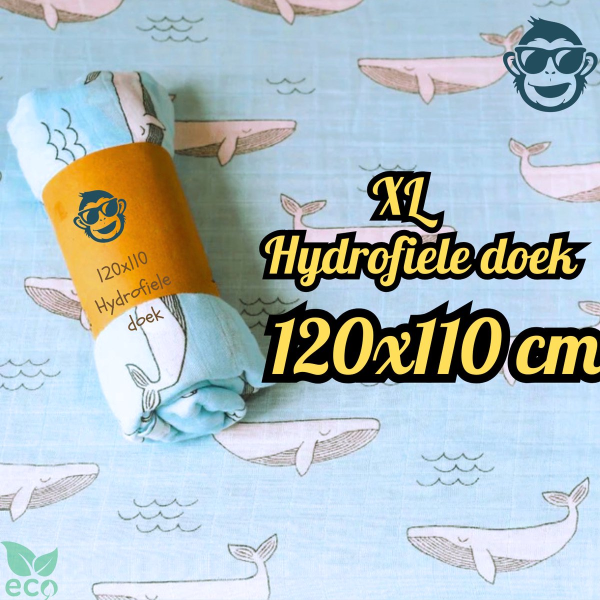 Goedkoopste BoefieBoef XL Hydrofiele Doek 120x110cm - Zachte Bamboe Swaddle, Inbakerdoek, Mousseline Doek voor Baby's en Newborns 0 tot 12 maanden - Blauw Walvissen - Dubbellaags, Ademend en Absorberend - Kerst en KraamCadeau - - Duurzaam - Babydeken - Wit