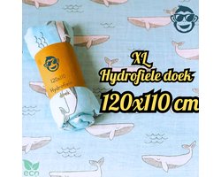 BoefieBoef XL Hydrofiele Doek 120x110cm - Zachte Bamboe Swaddle, Inbakerdoek, Mousseline Doek voor Baby's en Newborns 0 tot 12 maanden - Blauw Walvissen - Dubbellaags, Ademend en Absorberend - Kerst en KraamCadeau - - Duurzaam - Babydeken - Wit
