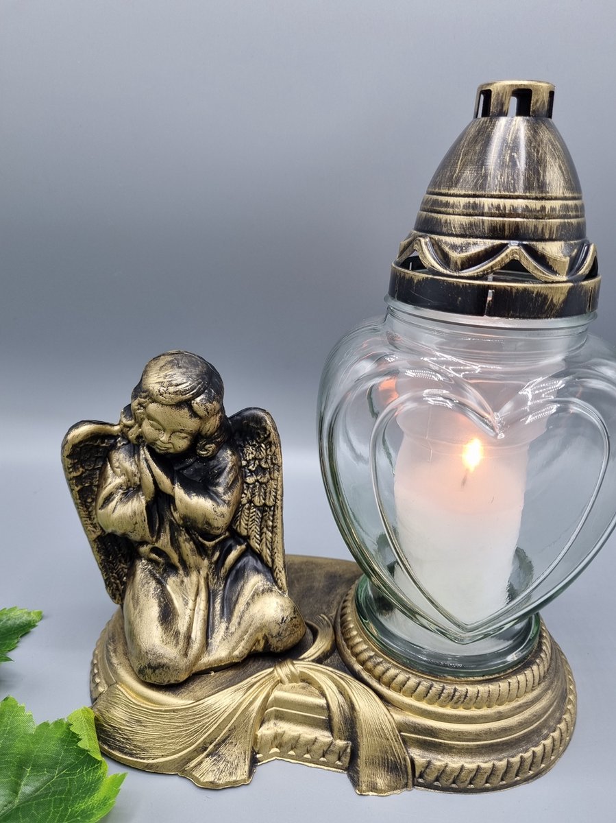 Herdenkingslichtjes Herdenkingslicht - Engel - Goud - Hart - P39g - Grafkaars - Graflicht - Graflantaarn - Grafdecoratie - Windlicht Goud/ Brons