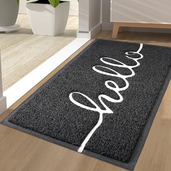 "Hello" deurmat voor binnen en buiten, antislip vuilvangmat, deurmat, wasbare voetmat voor buiten, voor huisdeur, entree, tuin (44 x 76 cm, zwart)