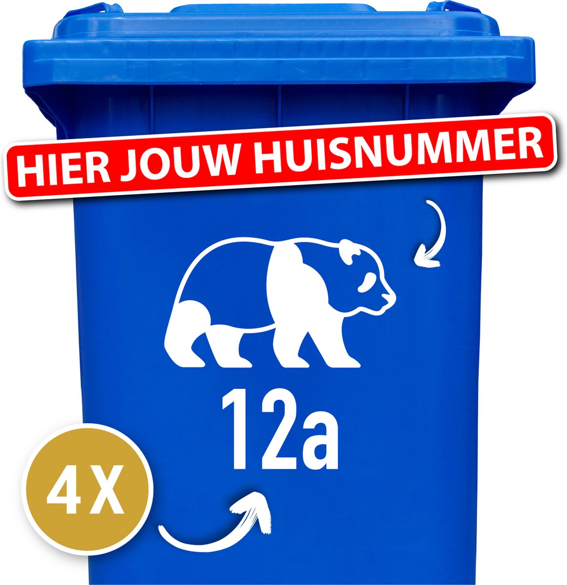 Container Sticker Huisnummer + Panda Beer 4 Stuks - wit - 20 x 20 cm - kliko Sticker Voordeelset - Containerstickers - Weerbestendige Stickers - Stickers Buiten - klikostickers - Cijfer Sticker - Kliko Sticker Huisnummer - Kliko Sticker Dieren