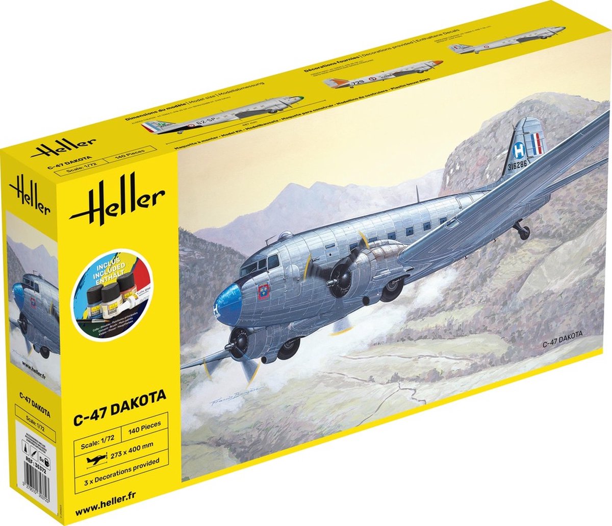 Heller 1:72 35372 C-47 Dakota Plane Starter Kit Plastic Modelbouwpakket