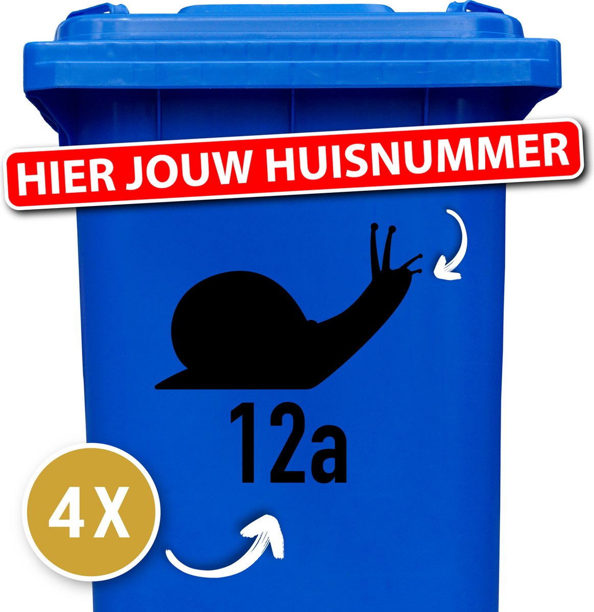 Container Sticker Huisnummer + Slak 4 Stuks - Zwart - 20 x 20 cm - Weerbestendige Stickers - Stickers Buiten - Containersticker Huisnummer - klikostickers - Cijfer Sticker - Kliko Sticker Huisnummer - Kliko Sticker Dieren - Brievenbus Sticker