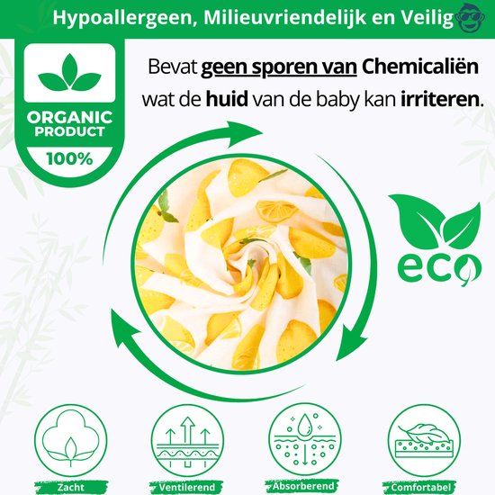 Duopack 2x BoefieBoef Citroen Geel Grote XL Hydrofiele Doek Baby - Duurzaam Eco Bamboe - Swaddle, Inbakerdoek, Hydrofiele Luier & Babydeken - Wit — afbeelding 3
