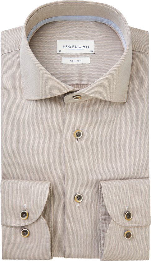 Profuomo slim fit heren overhemd - dobby - beige - Strijkvriendelijk - Boordmaat: