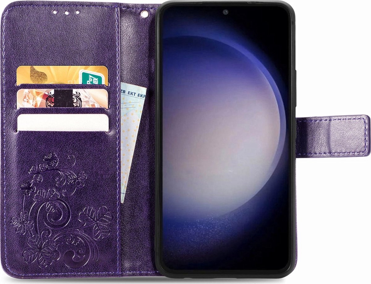 Mobigear Telefoonhoesje geschikt voor Samsung Galaxy S23 FE Hoesje | Mobigear Clover Bookcase Portemonnee | Pasjeshouder voor 3 Pasjes | Telefoonhoesje voor Pinpas / OV Kaart / Rijbewijs - Paars