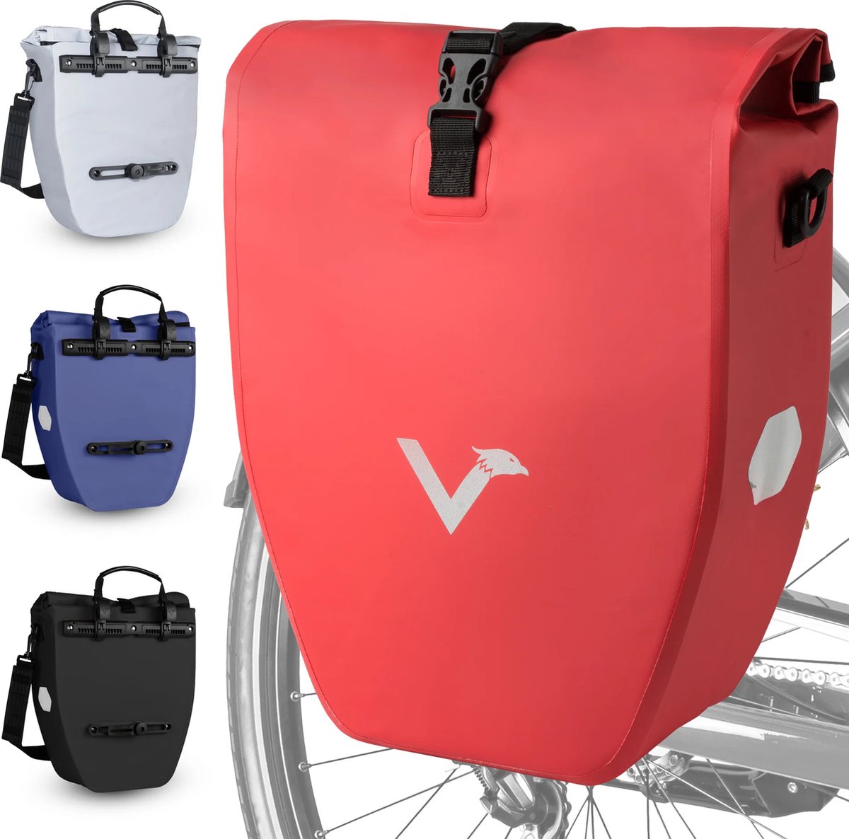 Grote en waterdichte bagagedragertas - ValkBasic - Rood - 20L capaciteit - Fietstas voor bagagedrager met reflectoren