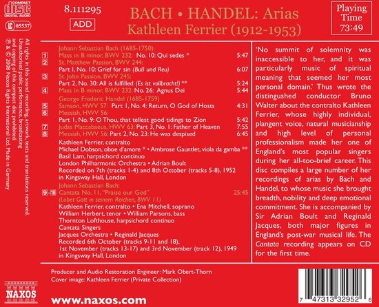 CD-hoes met de titel "BACH • HANDEL ARIAS Kathleen Ferrier (1912-1953)". Tracklist en liner notes.