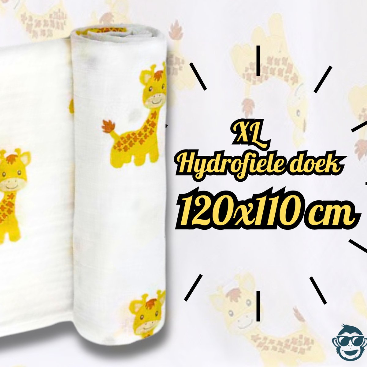 Goedkoopste BoefieBoef XL Hydrofiele Doek 120x110cm - Zachte Bamboe Swaddle, Inbakerdoek, Mousseline Doek voor Baby's en Newborns 0 tot 12 maanden - Sophie Giraffe - Dubbellaags, Ademend en Absorberend - Kerst en KraamCadeau - - Duurzaam - Babydeken - Wit Geel
