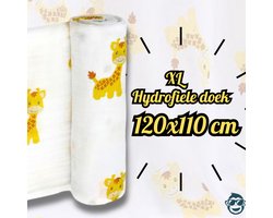BoefieBoef XL Hydrofiele Doek 120x110cm - Zachte Bamboe Swaddle, Inbakerdoek, Mousseline Doek voor Baby's en Newborns 0 tot 12 maanden - Sophie Giraffe - Dubbellaags, Ademend en Absorberend - Kerst en KraamCadeau - - Duurzaam - Babydeken - Wit Geel