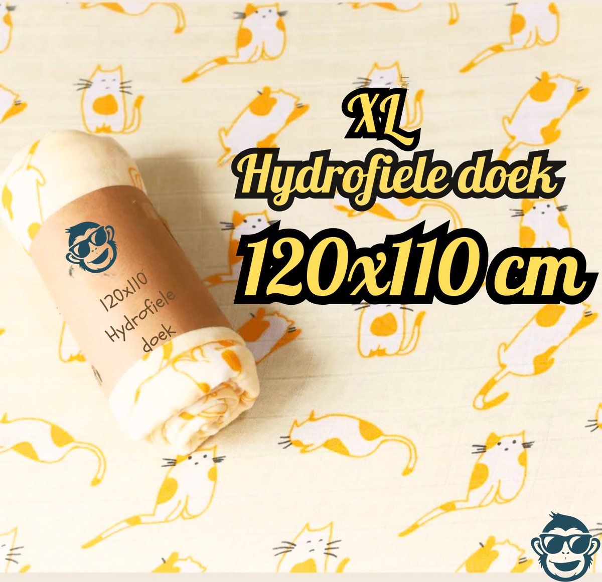 Goedkoopste BoefieBoef Grote XL Hydrofiele Doek - Poesjes - Duurzaam Eco Bamboe - Kerst en KraamCadeau - Swaddle, Inbakerdoek, Hydrofiele Luier & Babydeken - Geel Kat