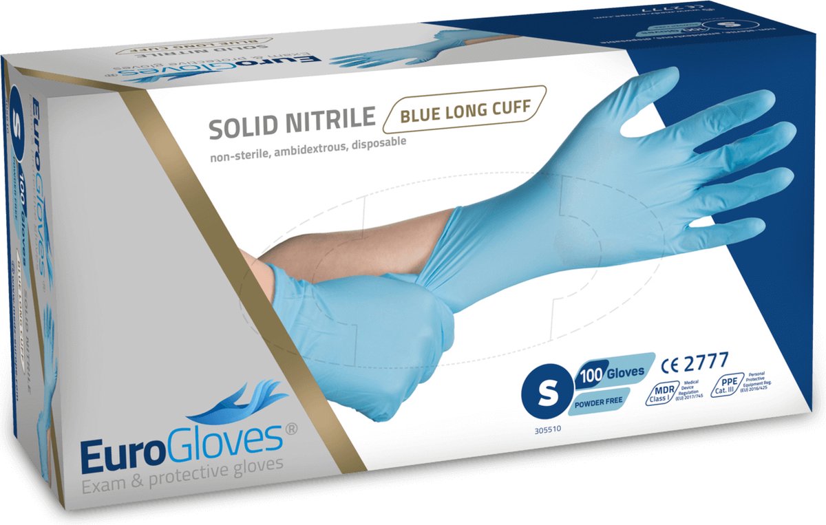 Goedkoopste Voordeelverpakking 2 X Eurogloves solid-nitrile 300mm poedervrij blauw - Small 100 stuks