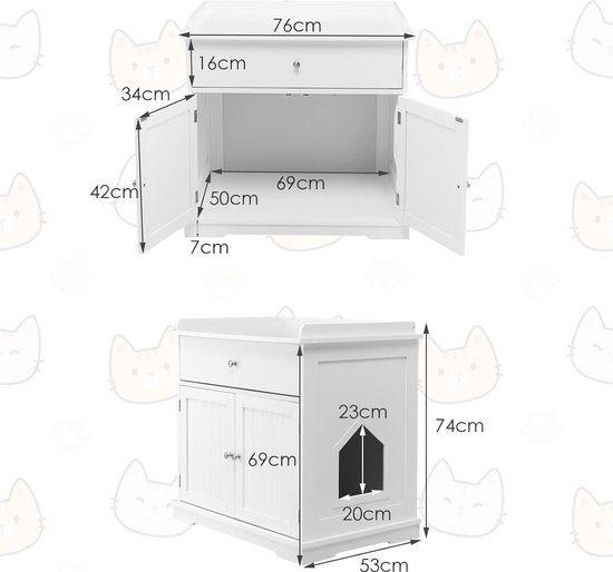 COSTWAY Kattenkast voor kattentoilet, kattenbak kast met 2 laden, 3