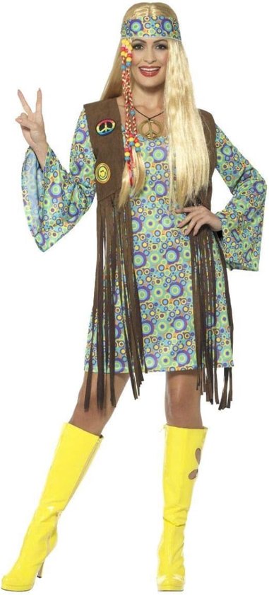 Hippie carnavalskleding dames - 60s Hippie Chick Costume, with Dress - carnaval kostuum dames van maat M