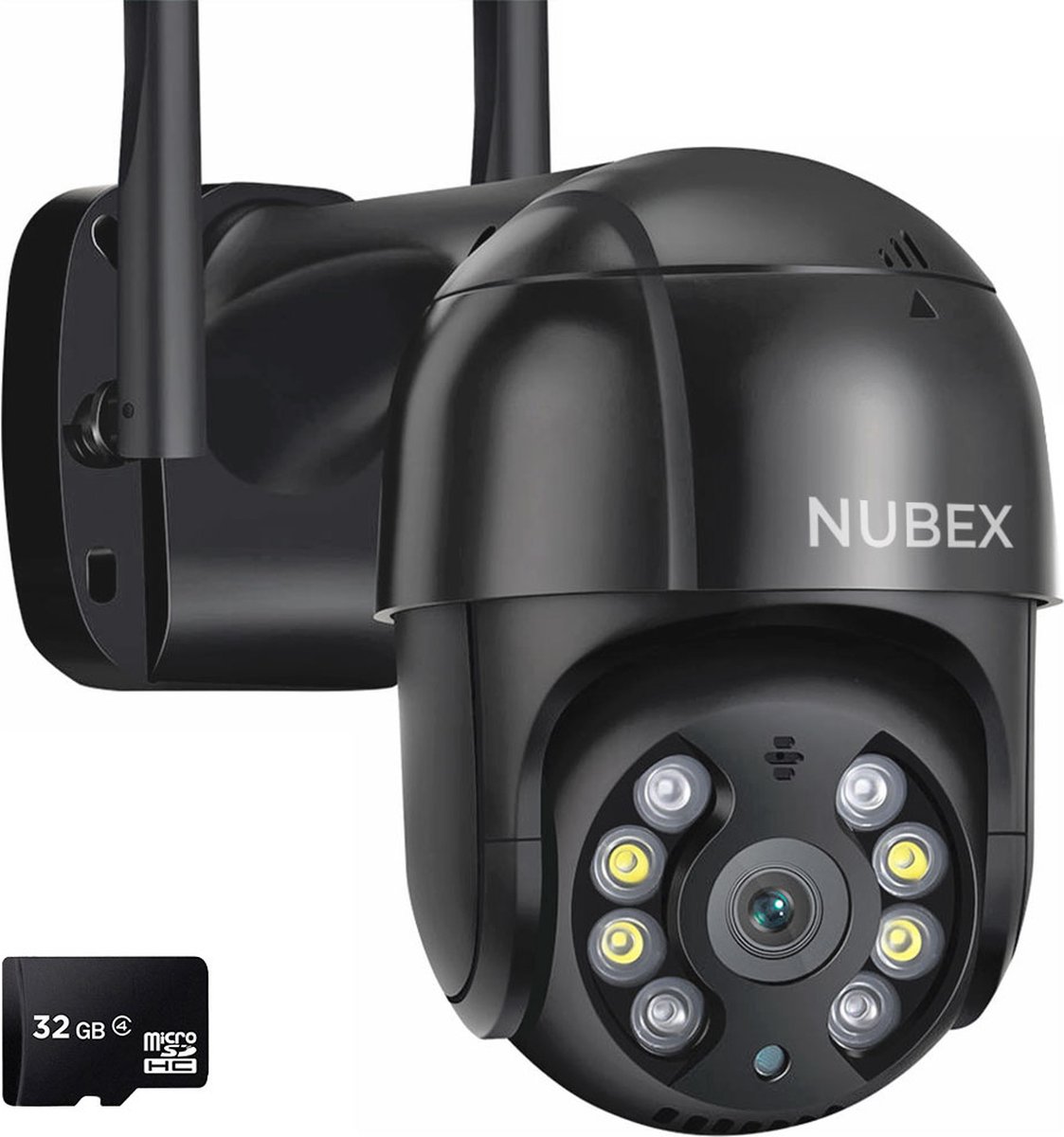 Nubex® Beveiligingscamera Binnen en Buiten met Nachtzicht - IP Beveiligingscamera - Full HD met WiFi en App - 4x Digitale Zoom - Met 32 GB SD Kaart en Verlengkabel - Zwart