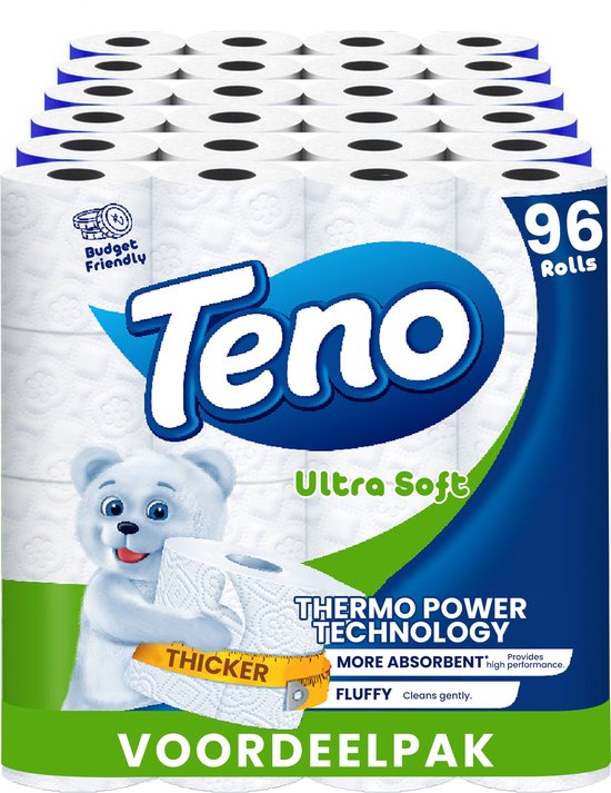 Teno - Super zacht - 96 Rollen Toiletpapier - 3 Pakken van 32 Rollen Duurzaam WC Papier - Pluisvrij & Sterk - Voordeelverpakking WC Papier