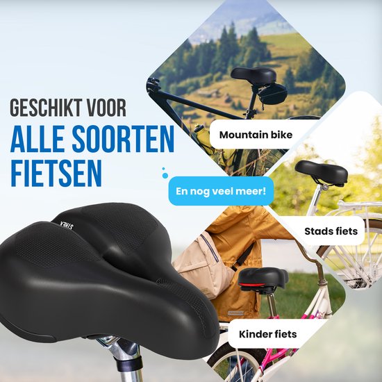 Een zwart fietszadel met waterdruppels erop, tijdens regen. De tekst "WATERBESTENDIG" staat op een blauw vlak. De tekst "Afgerond met een waterdichte antislip laag" staat eronder.