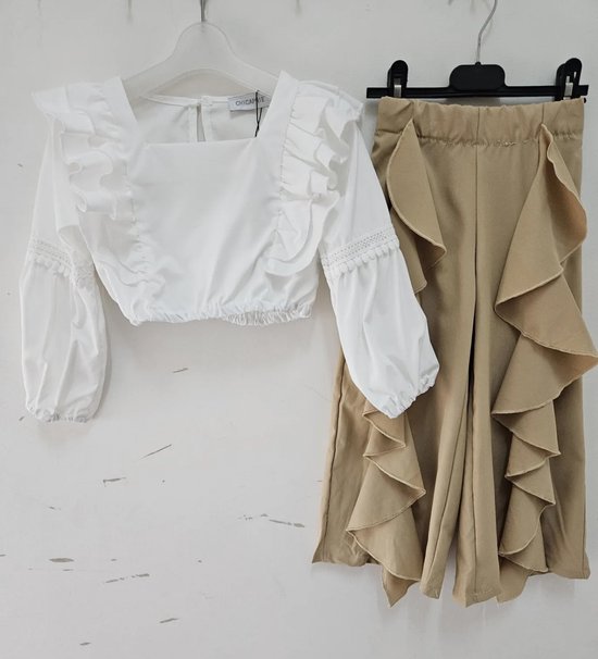 2 delige set witte top blouse met bruine camel broek met aan de voorkant ruches voorjaar zomer meiden meisjes maat 6/6Y