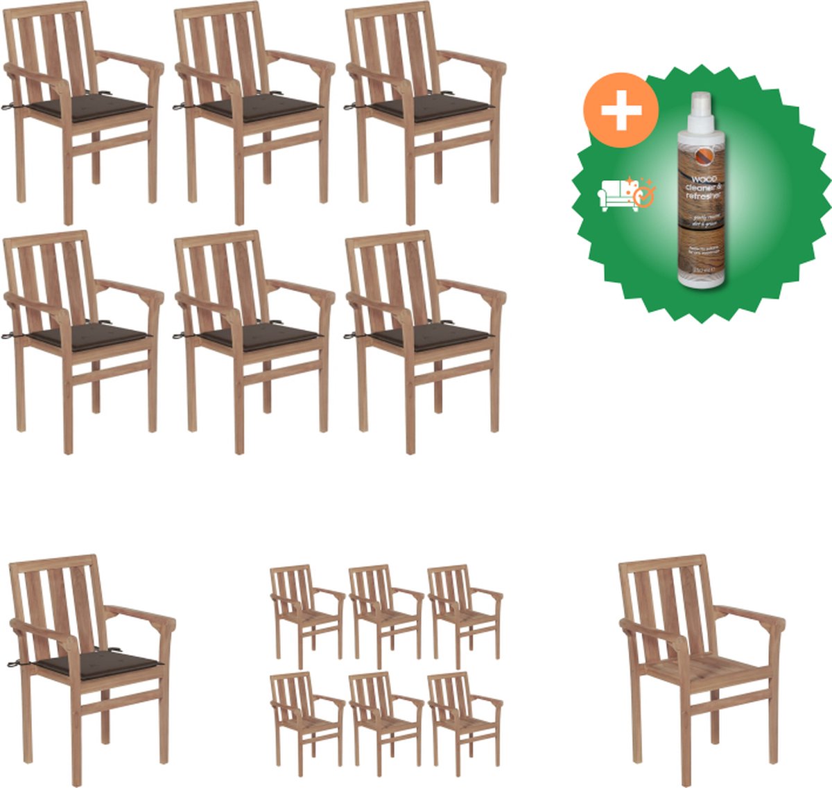 VidaXL Tuinstoelen stapelbaar 6 st met kussens massief teakhout Tuinstoel Inclusief Houtreiniger en verfrisser