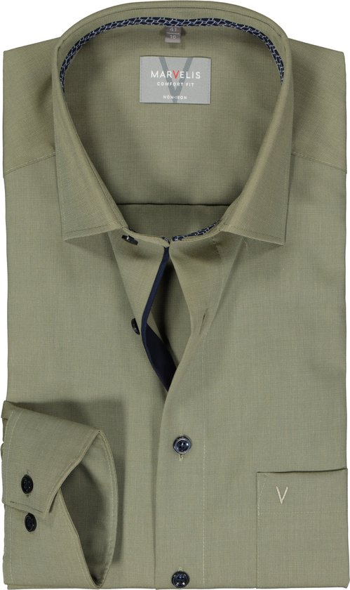 MARVELIS comfort fit overhemd - structuur - olijfgroen - Strijkvrij - Boordmaat: 40