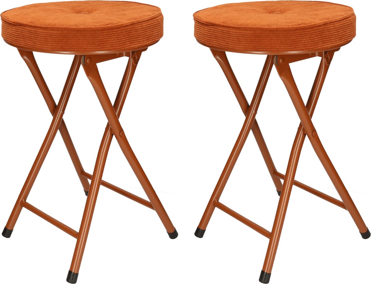 Home & Styling Bijzet krukje/stoel - 2x - Opvouwbaar - Bruin - Ribcord - D33 x H49 cm